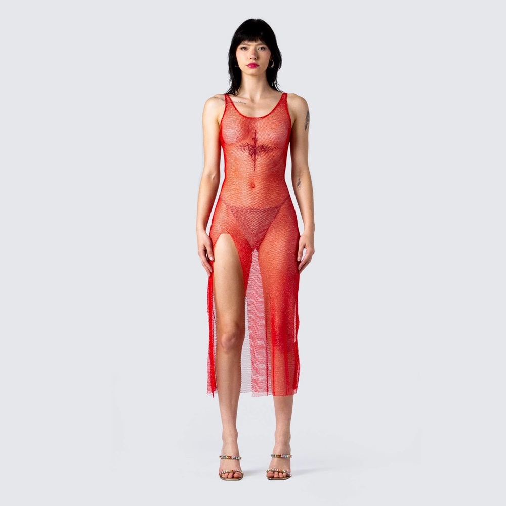 Rough Edge Red Shimmer Fishnet Dress Leg Slit